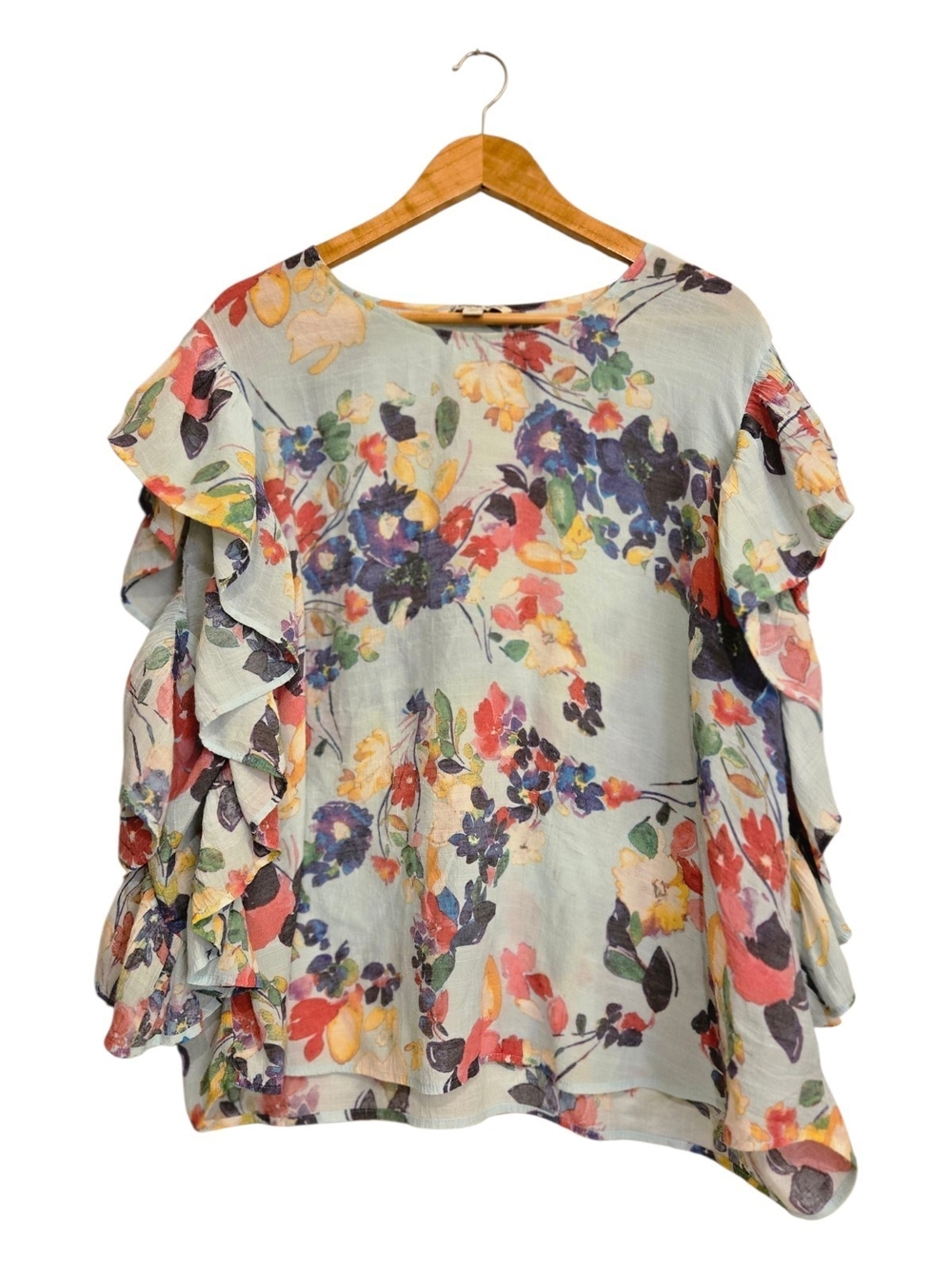 Zac & Rachel Cottagecore Floral Ruffle Sleeve Women’s Top - Light Blue Plus 3X